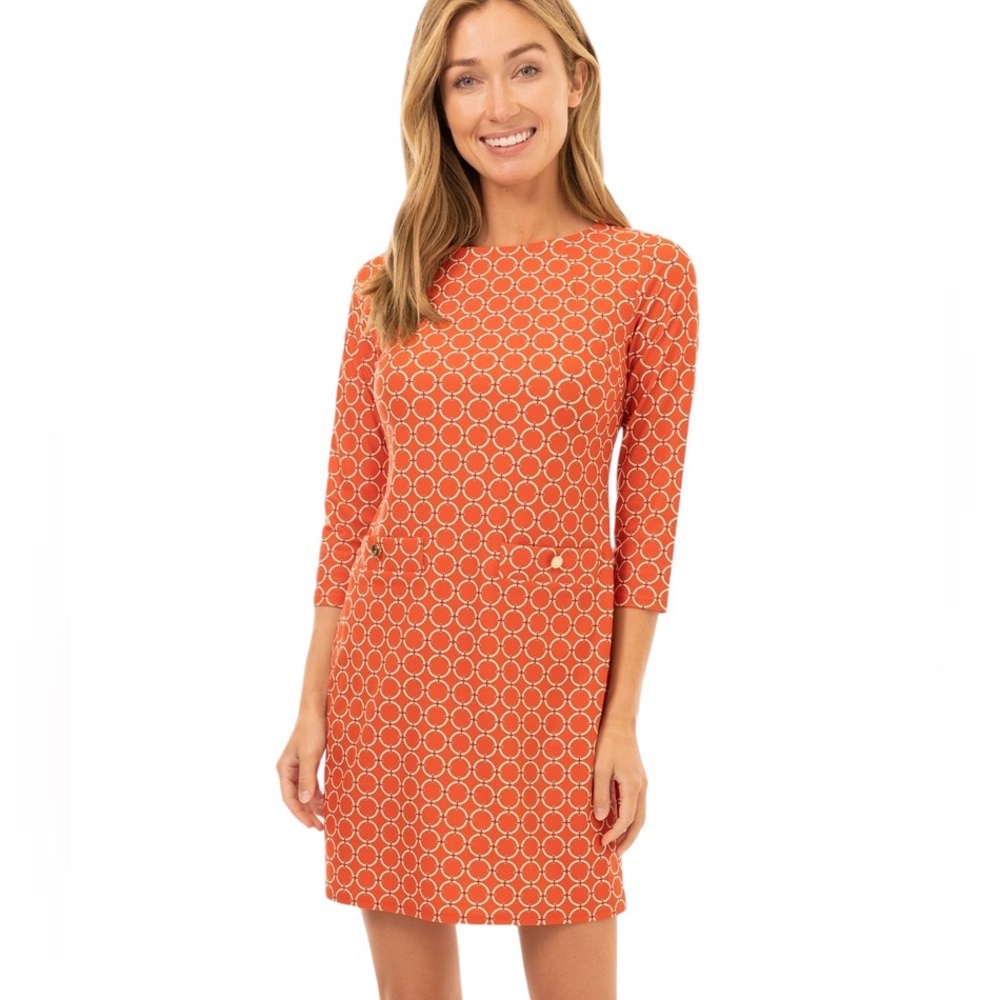 LN Jude Connally Sabine Geo Gircle Paprika Gold Button 3/4 Sleeve Mini Dress. XS
